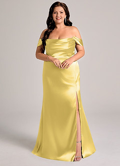 Azazie Saige Bridesmaid Dresses Canary Sheath Off the Shoulder Metallic Satin Convertible Dress image2