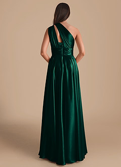Azazie Charlize Bridesmaid Dresses Emerald A-Line One Shoulder Metallic Satin Dress image2