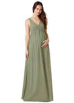 Azazie Yetta At-home Try On Dresses A-Line V-Neck Gathered Chiffon Floor-Length Dress image1