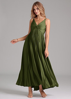 Azazie Raychelle Bridesmaid Dresses Olive A-Line Pleated Stretch Satin Dress image3