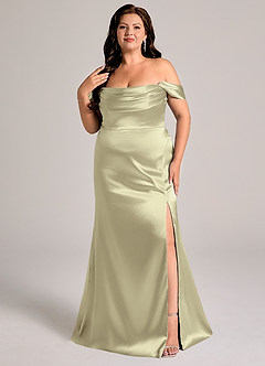 Azazie Saige Bridesmaid Dresses Moss Green Sheath Off the Shoulder Metallic Satin Convertible Dress image11