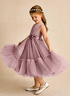 Azazie Miracle Robe Demoiselle D'honneur Fillette Robe Trapèze en Mat Satiné Arc Rose Poussiéreuse image1