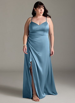 Azazie Marchella Bridesmaid Dresses Steel Blue A-Line Corset Stretch Satin Dress image7