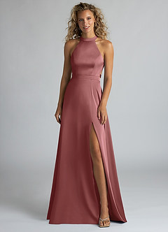 Azazie Clarice Bridesmaid Dresses Amethyst A-Line High Neck Stretch Satin Dress image4