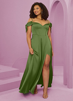 Barbie ♥ Azazie Robes de demoiselle d'honneur Robe Trapèze en Satin extensible Épaule décolletée Genévrier image10