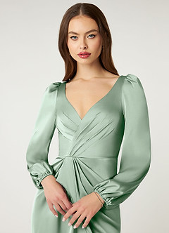 Azazie Mel Bridesmaid Dresses Agave Sheath Long Sleeve Stretch Satin Dress image5