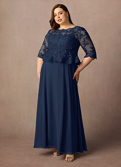 Azazie Averie Mère de la mariée Robes Robe Trapèze en Mousseline de soie Col bateau paillettes Bleu Marine Foncé image10