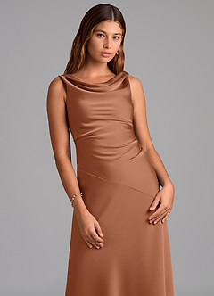 Azazie Nerine Bridesmaid Dresses Bronzer A-Line Pleated Stretch Satin Dress image6