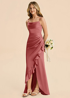 Azazie Mia Junior Vestido Rosa Antigua de Satén Elástico de Corte Sirena con Plisado image4
