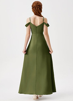 Azazie Ocean Junior Olive A-Line Off the Shoulder Stretch Satin Dress image2