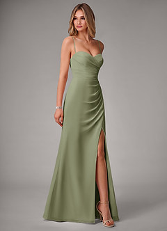 Azazie Haisley At-home Try On Dresses Agave Sheath Off the Shoulder Chiffon Convertible Dress image6