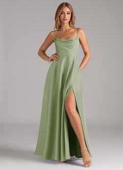 Azazie Elle Bridesmaid Dresses Dusty Sage A-Line Pleated Stretch Satin Dress image3