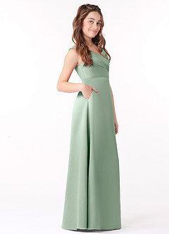 Azazie Sadia Junior Agave A-Line Pleated Stretch Satin Dress image2