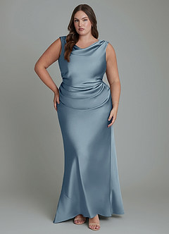 Azazie Kieryn Bridesmaid Dresses Dusty Blue Mermaid Pleated Stretch Satin Dress image7