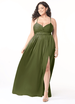 Azazie Raya Bridesmaid Dresses Olive A-Line V-Neck Pleated Stretch Satin Dress image7