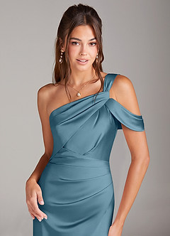 Azazie Wynter Bridesmaid Dresses Bermuda Sheath Off the Shoulder Stretch Satin Dress image5