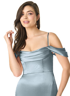 Azazie Liv Vestidos de damas de honor Vestido de Azul Polvoriento de Satén Metálico de Corte Recto Convertible con Vestidos sin tirantes image6