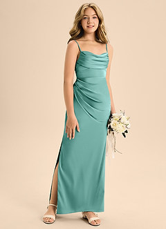 Azazie Mai Junior Vestido de Aqua de Satén Elástico de Corte En A con Escote de Corazón image3