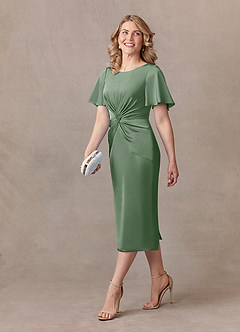 Azazie Everlyn Mother of the Bride Dresses Matcha Sheath Pleated Stretch Satin Dress image2