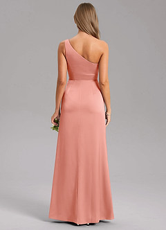 Azazie Feby Robes de demoiselle d'honneur Robe Trapèze en Satin extensible Ue épaule Corail image2