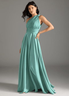 Azazie Charlize Bridesmaid Dresses Aqua A-Line One Shoulder Stretch Satin Dress image4