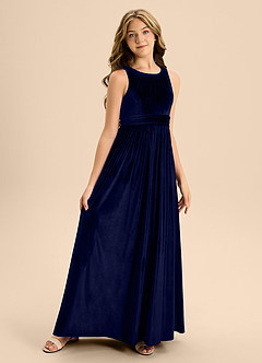 Azazie Jaylah Junior Vestido de Azul Marino Oscuro de terciopelo de Corte En A con Plisado image4