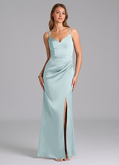 Azazie Leo Final Sale Mist Sheath Pleated Stretch Satin Dress image1