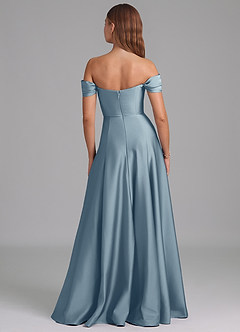 Azazie Seriana At-home Try On Dresses Dusty Blue A-Line Off the Shoulder Stretch Satin Convertible Dress image5