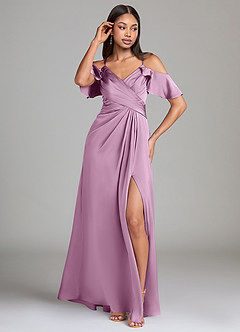 Azazie Dakota Robes de demoiselle d'honneur Robe Trapèze en Satin extensible Épaule décolletée Glycine image4