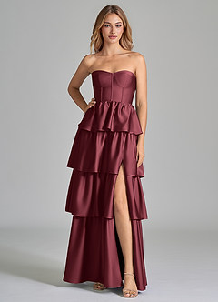 Azazie Faye Bridesmaid Dresses Merlot A-Line Ruched Stretch Satin Dress image3