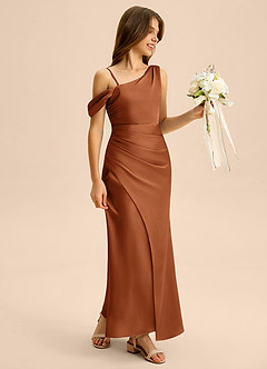 Azazie Madelyn Junior Osłona Zza ramienia Satyna elastyczna Długość podłogi Młodsza druhna Sukienka image6