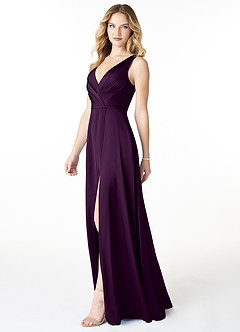 Azazie Nelly Bridesmaid Dresses Grape A-Line V-Neck Pleated Stretch Satin Dress image3