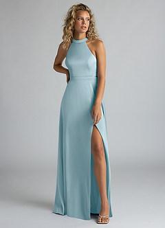 Azazie Clarice Bridesmaid Dresses Moody Blue A-Line High Neck Stretch Satin Dress image5