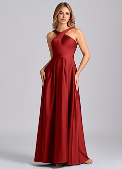 Azazie Dixie Bridesmaid Dresses Pomegranate A-Line Pleated Stretch Satin Dress image4