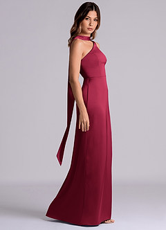 Azazie Phaedra Bridesmaid Dresses Burgundy A-Line One Shoulder Stretch Satin Dress image3