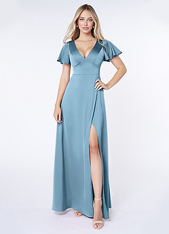 Azazie Lani Bridesmaid Dresses Steel Blue A-Line Flounce Sleeve Stretch Satin Dress image1