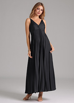 Azazie Raychelle At-home Try On Dresses Black A-Line Pleated Stretch Satin Dress image5