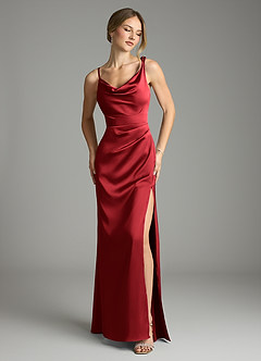 Azazie Samara Robes de demoiselle d'honneur Robe Sirène en Satin extensible Plissée Écarlate image1