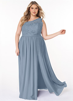 Azazie Demi Vestidos de damas de honor Vestido de Azul Polvoriento de Gasa de Corte en A con Hombro unilateral image13