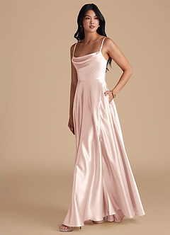 Azazie Elle Bridesmaid Dresses Blushing Pink A-Line with Pockets Metallic Satin Dress image6