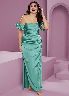 Barbie ♥ Azazie Jurken voor bruidsmeisjes Converteerbaar Jurk van Stretch Satijn met Kolom Off the Shoulder Aqua image12