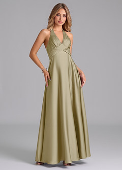 Azazie Tessie Vestidos de damas de honor Vestido de Musgo Verde de Satén Elástico de Corte en A con Plisado image5