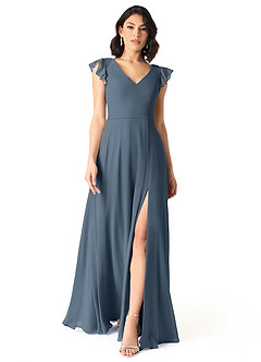 Azazie Claudine Schlussverkauf A-Linie Flatterhülse Chiffon Kleid Neptunblau image2