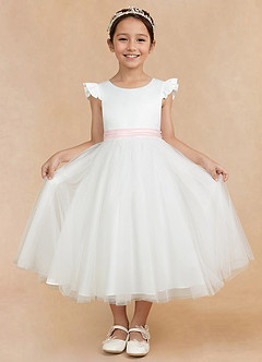 Azazie Hemi Flower Girl Dresses Ivory Blushing Pink A-Line Bow Tulle Dress image1