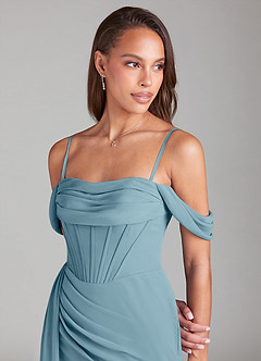 Azazie Amyra Jurken voor bruidsmeisjes Converteerbaar Jurk van Chiffon met Kolom Off the Shoulder Mystiek Blauw image7