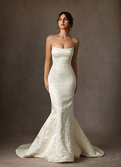 Azazie Serephina Wedding Dresses Antique White Mermaid Strapless Floral Jacquard Dress image3