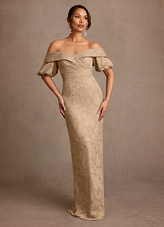 Azazie Golda Mother of the Bride Dresses Champagne Sheath Off the Shoulder Floral Burnout Dress image1