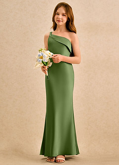 Azazie Almond Girls Formal Robe Demoiselle D'honneur Fillette Robe Fourreau en Satin extensible Une épaule Genévrier image3