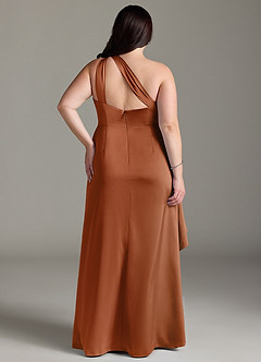 Azazie Maive Bridesmaid Dresses Copper Sheath Ruched Stretch Satin Dress image7