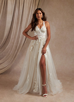 Azazie Dysis Wedding Dresses Diamond White Nude A-Line Halter Sequins Tulle Dress image2